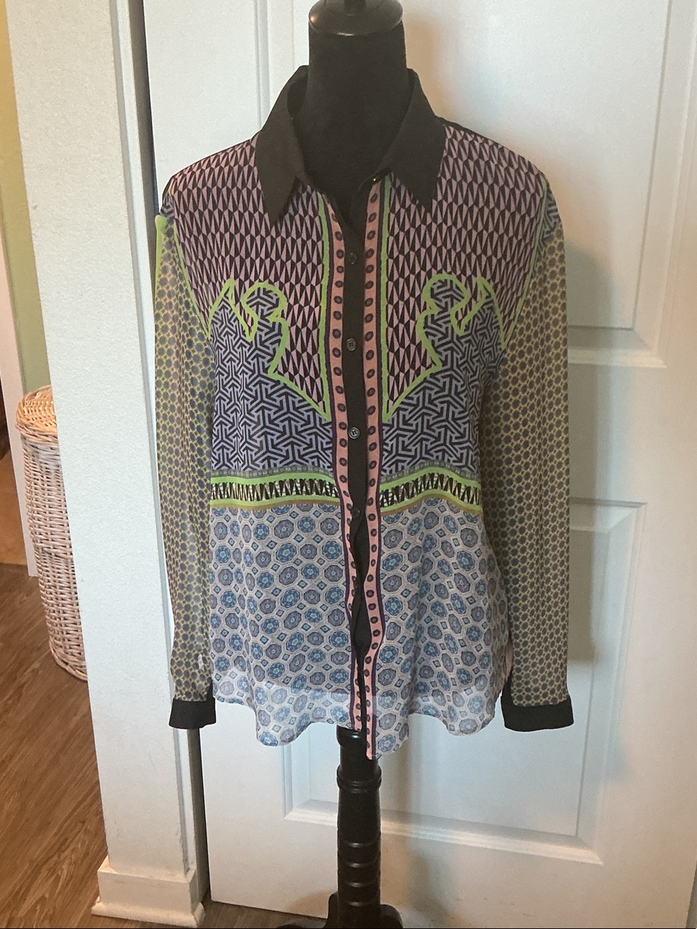 Clover Canyon Mixed-Pattern Sheer Button-Down Shirt in Black Purple Lime L